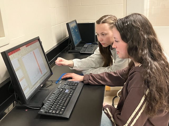 A tutor points at a screen, helping a student with data analysis software.
